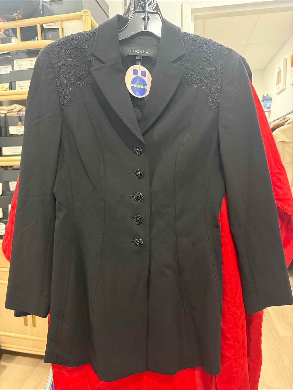Escada Black Women's Long Tailored Blazer with Embroidered Shoulders